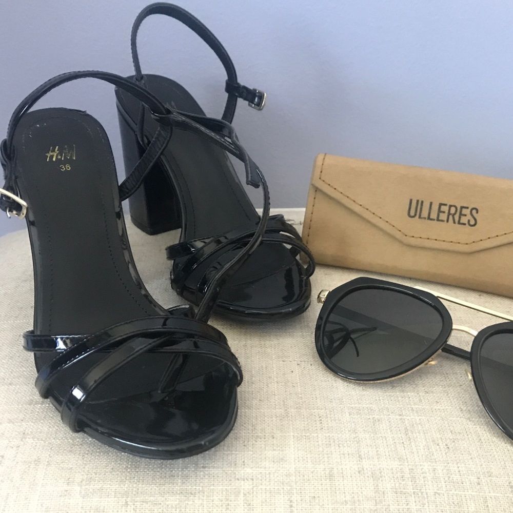 H&M Patent Black Strappy Block Heels